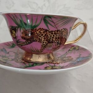 New 🆕 Grace Teaware Bone Porcelain Gold Leopard Butterflies Pink Cup Saucer